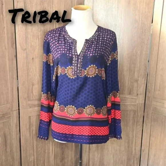 Women's Navy and Red Bohemian Patterned Top - Picture 1 of 8